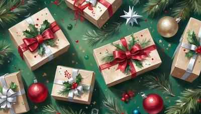 The primary subject of the image is a group of four Christmas presents, each wrapped in a bow and placed on a green surface. The setting appears to be a festive environment, possibly a holiday display or a decorated table. The visual style of the image is a combination of digital art and illustration, creating a vibrant and colorful scene. The colors and mood of the image are predominantly warm and cheerful, reflecting the joyous spirit of the holiday season.